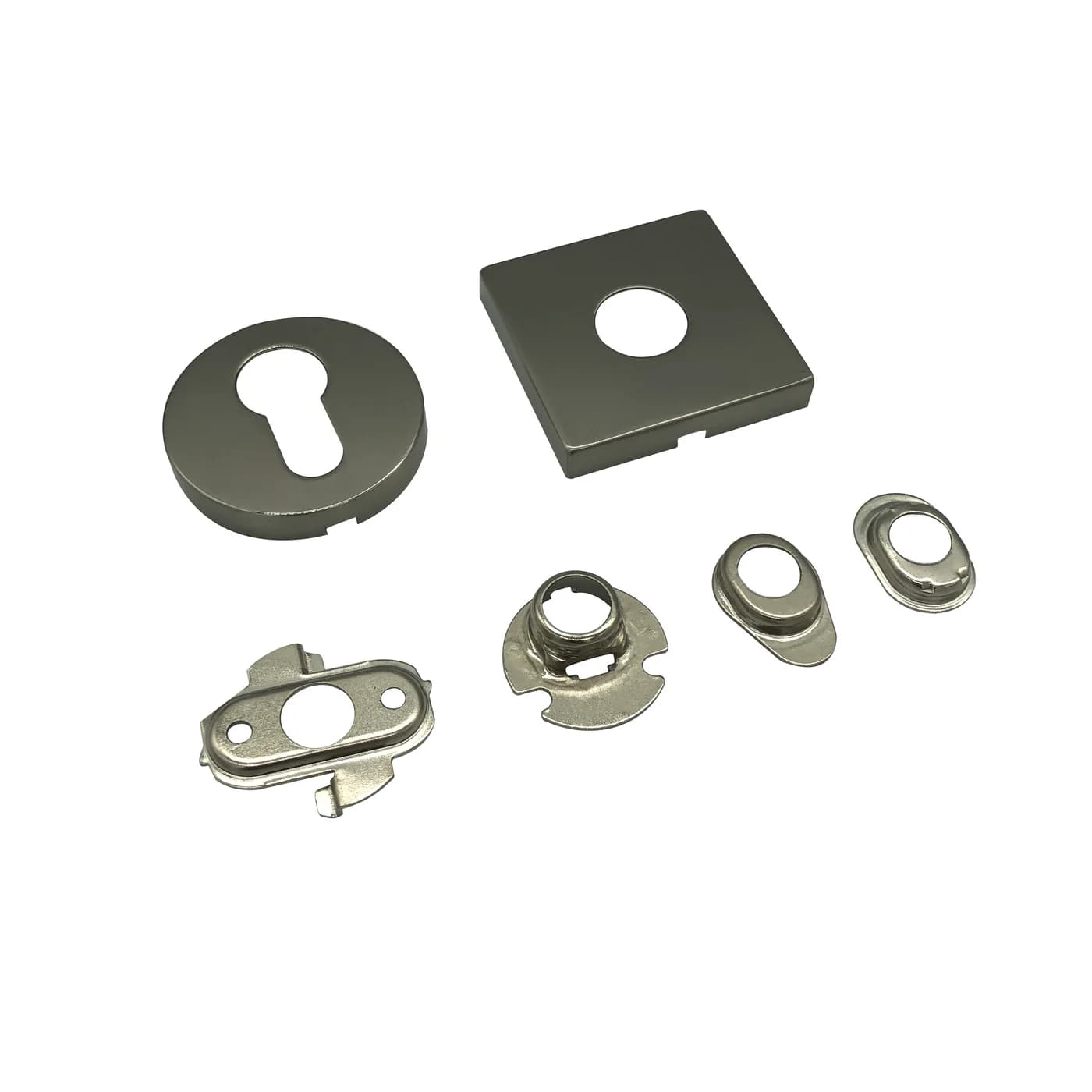 Metal door hardware component samples on a white background