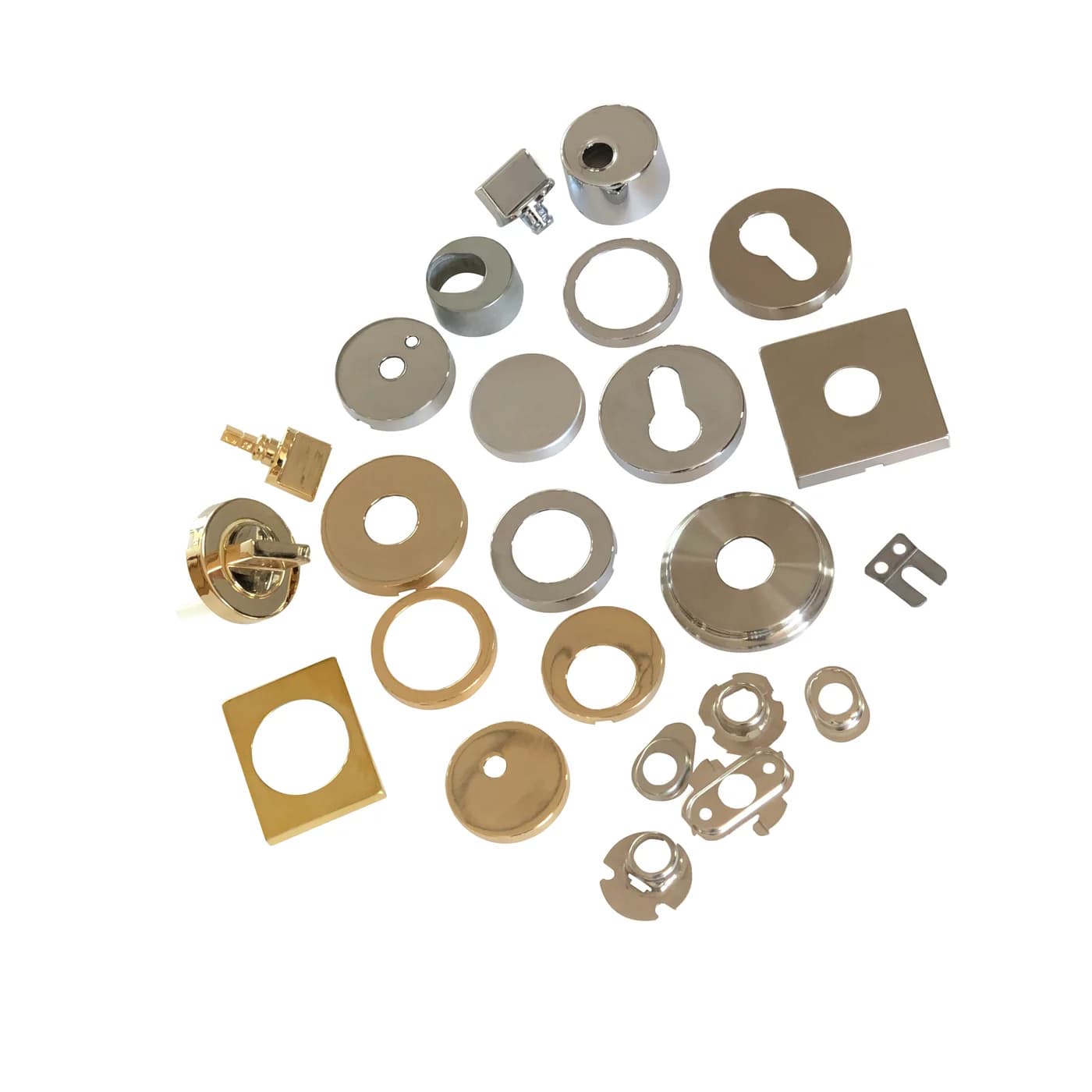 Formed metal component sample set on a white background