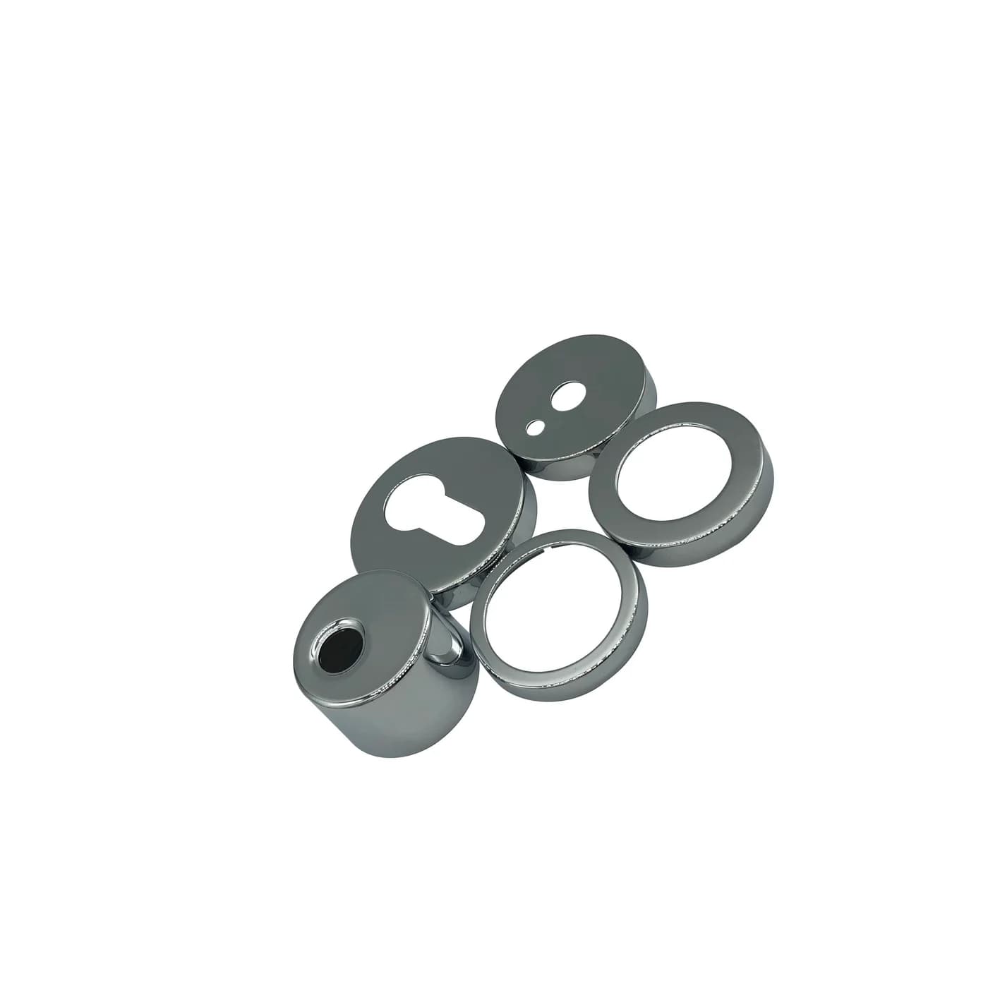 Precision metal hardware sample set on a white background