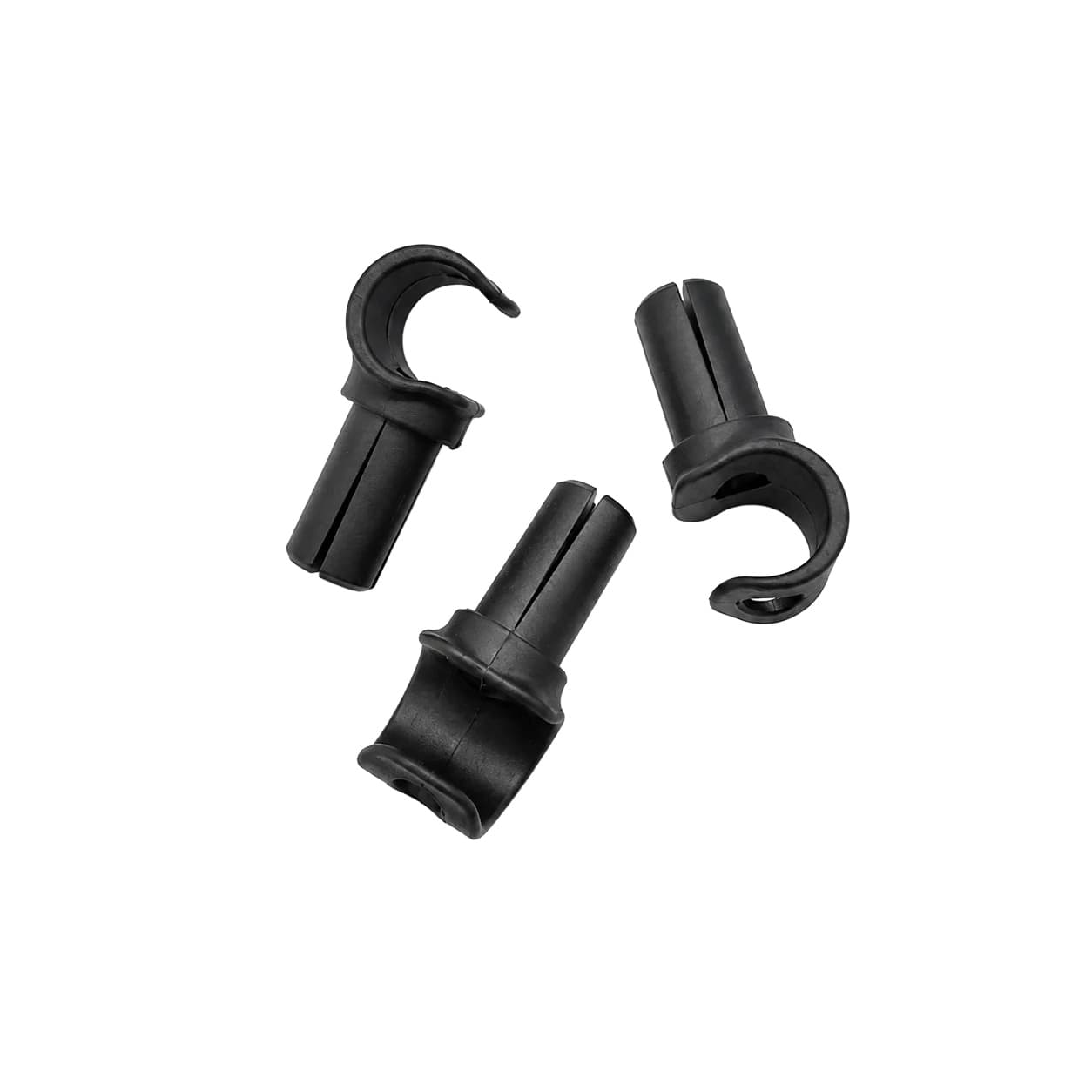 Small plastic functional component samples on a white background