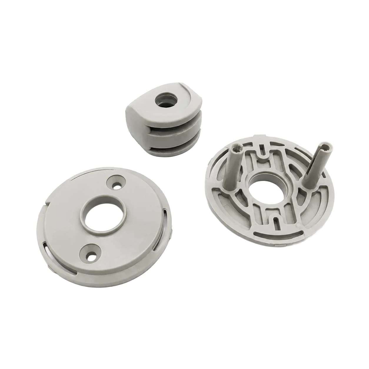 Circular plastic structural component samples on a white background