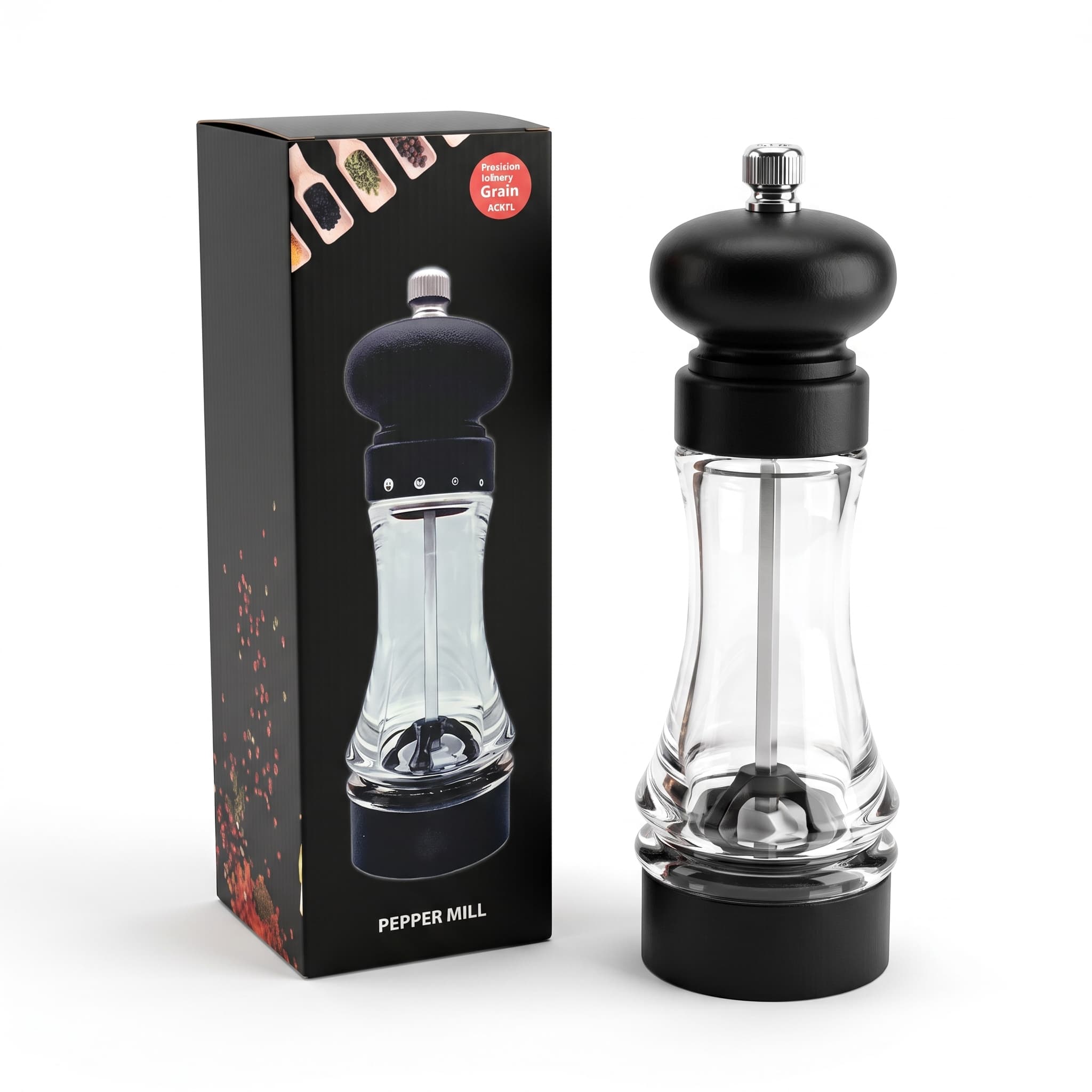 Acrylic pepper grinder photographed with its box
